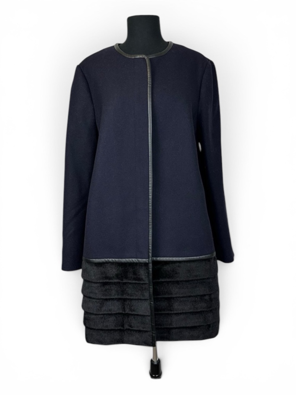Ann Taylor Navy Wool Blend Coat Faux Fur Hem Trim Long Jacket Women